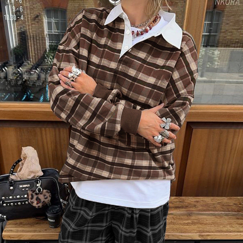 Retro Contrast Check Pullover Streetwear Sweater
