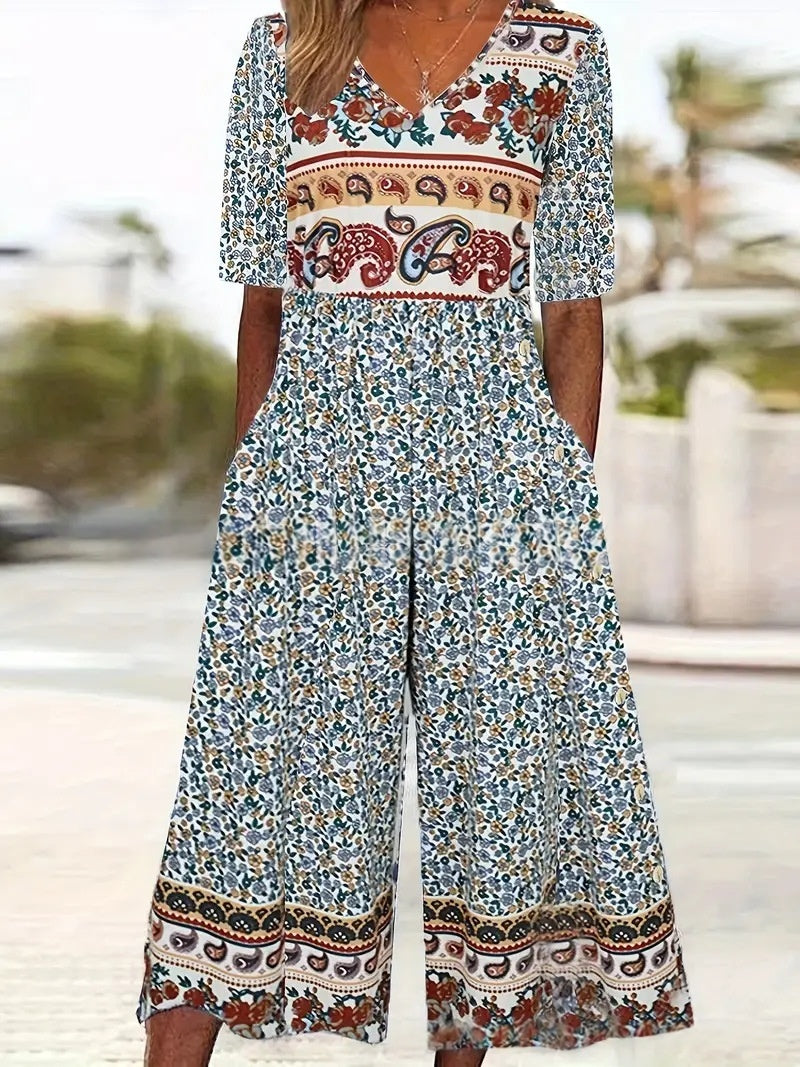 Women's Floral Print Long Sleeve Pocket Jumpsuit
