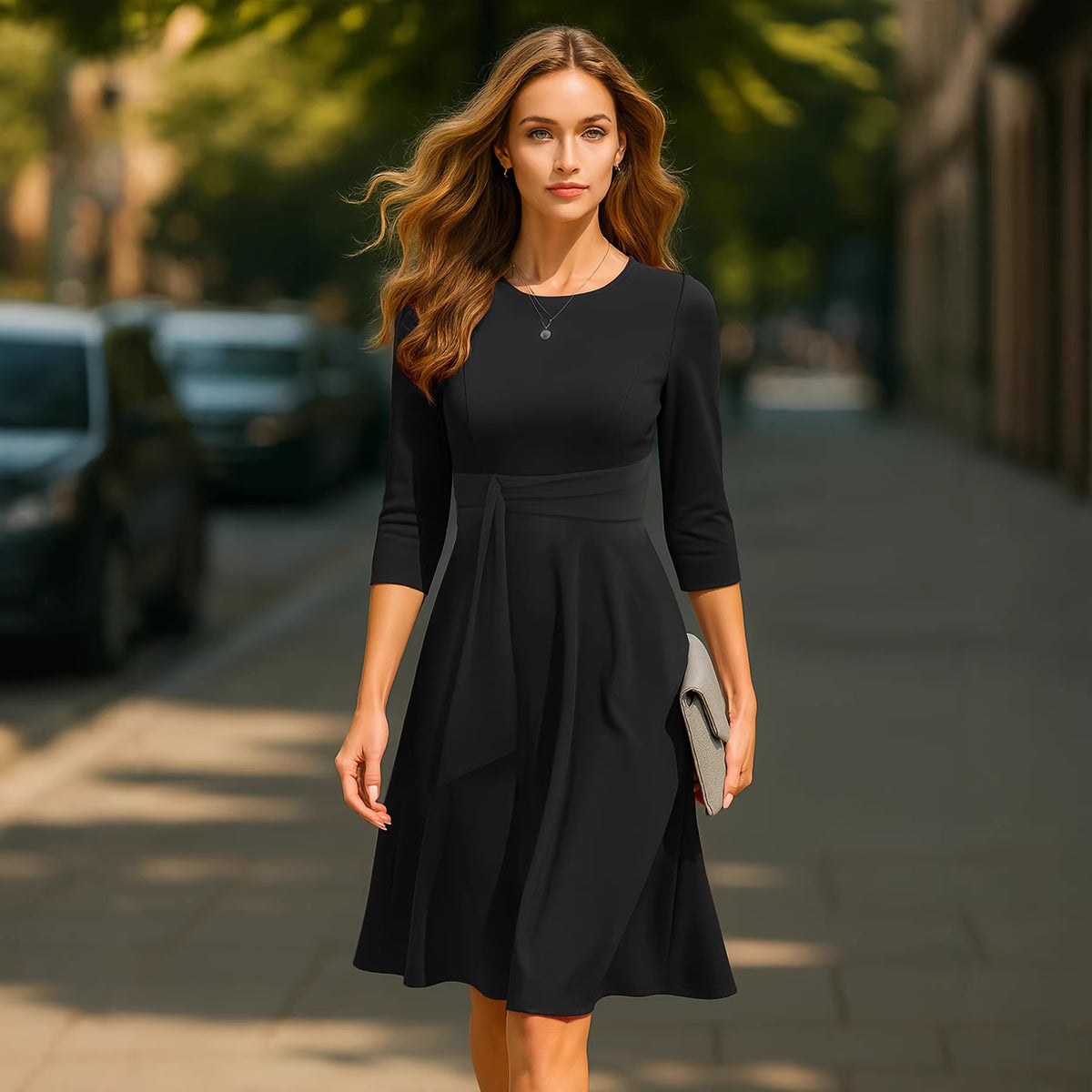 Solid Color Round Neck Three-quarters Sleeved Wine Red A-line Skirt