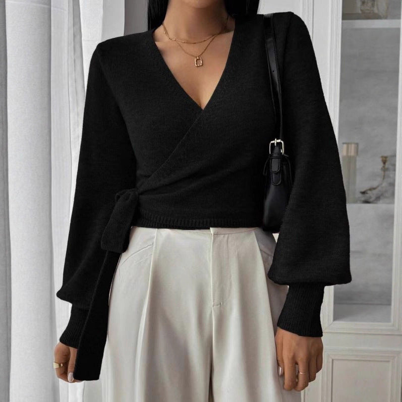 Autumn and Winter Irregular Lace-up Elegant Wool Short Clothes Top