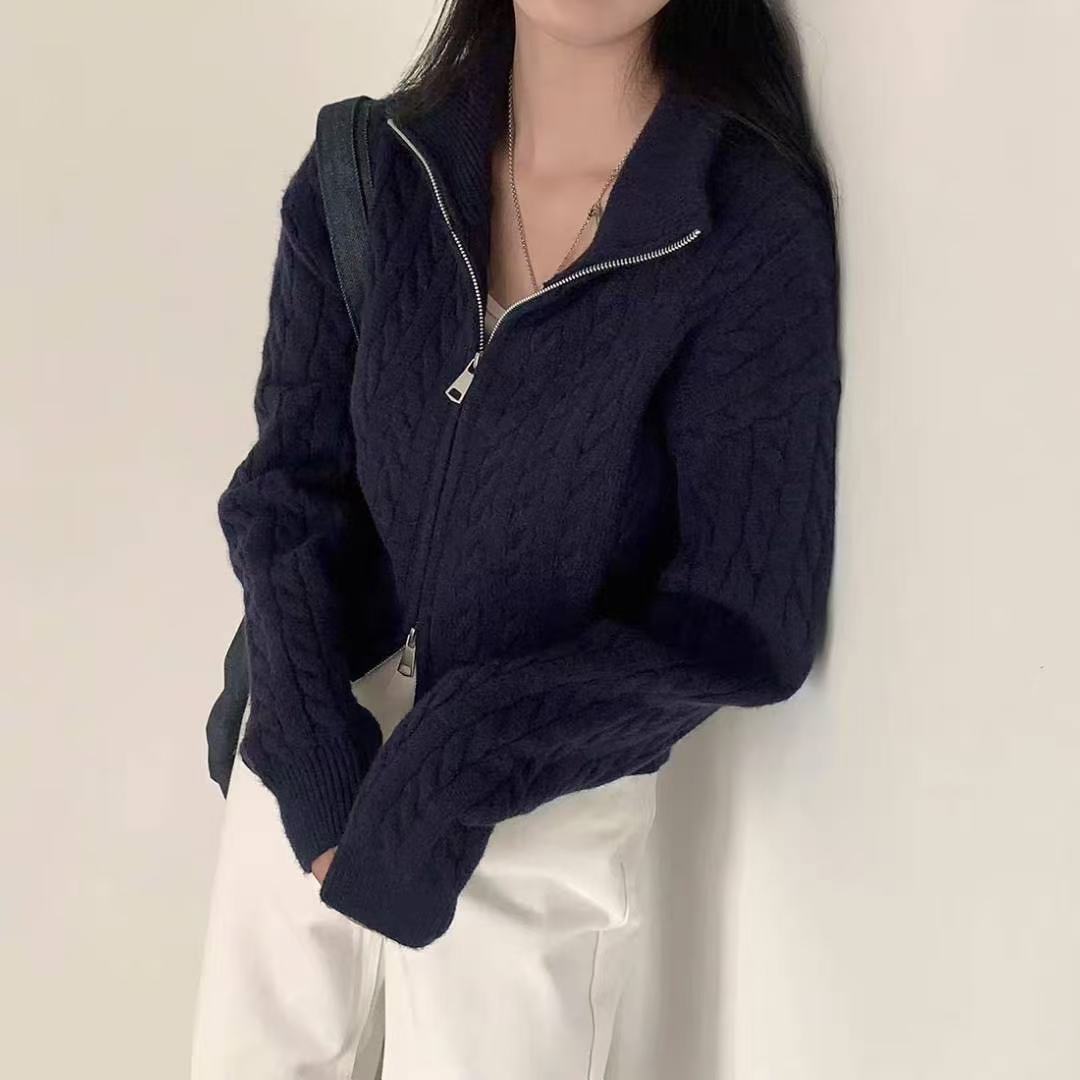 High-grade Lapel Double Zipper Twist Solid Color Sweater