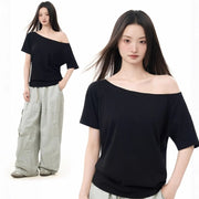 Soft Cotton Loose Shoulder Top – Effortless Chic Short Sleeve