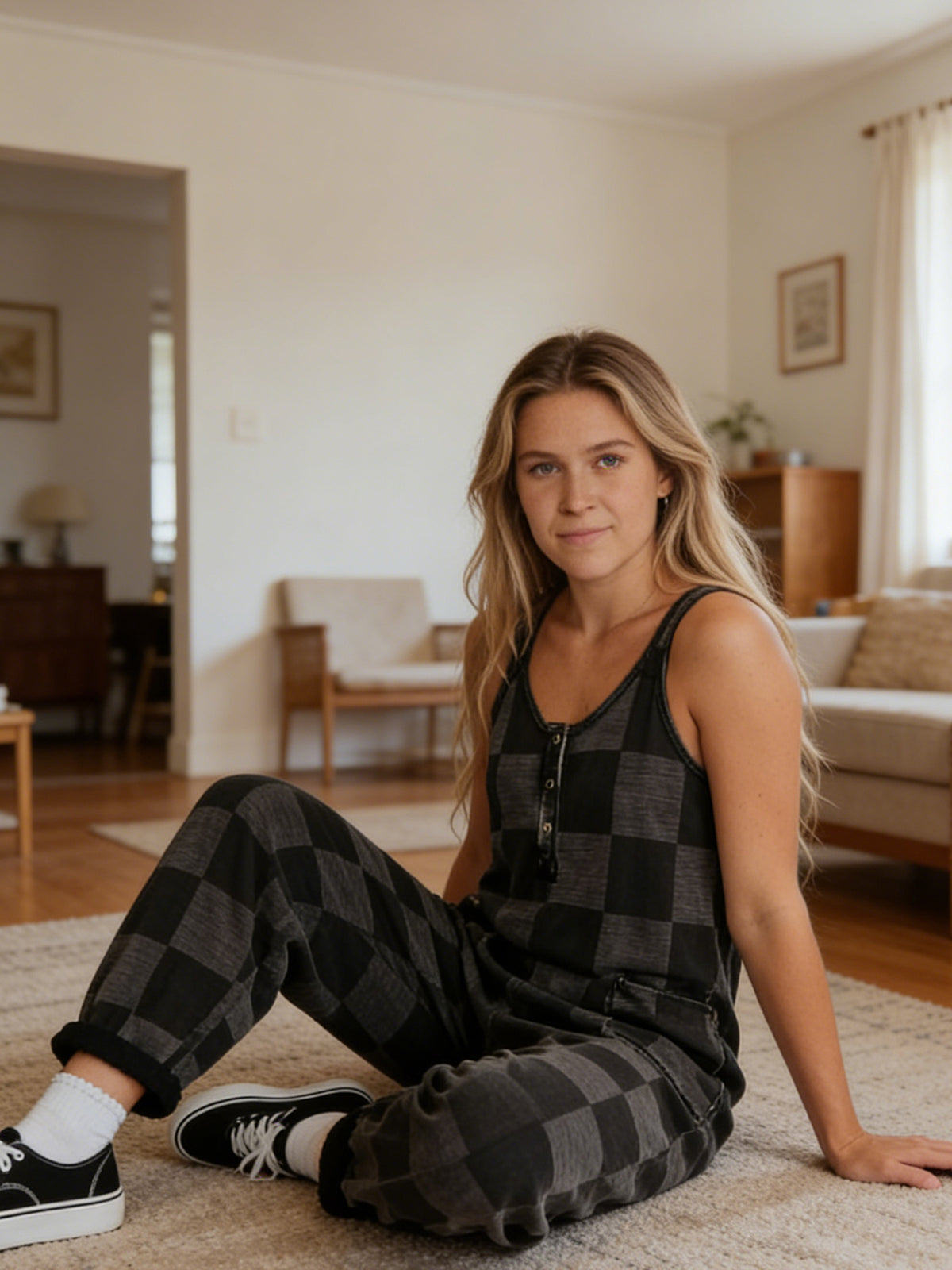 New Women's Plaid Print Jumpsuit With Large Pockets, Halter Neck, Open Back, Loose Fit. Machine Washable And Suitable For Everyday Wear.