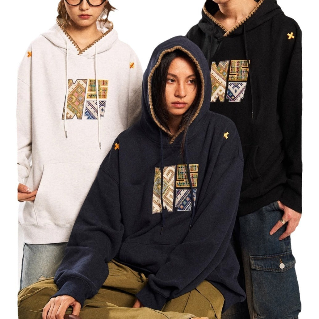 Retro Ethnic Woven Patch Loose Hooded Sweater