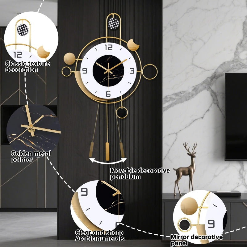 Large Silent Non-Ticking Wall Clock with Metal Pendulum - 15.7"x21.6" Golden & White Marble, Black Arabic Numerals, Battery- Modern Grandfather Clock for Living Room, Bedroom, Office - Easy Install Large Modern Clock (AA Battery Not