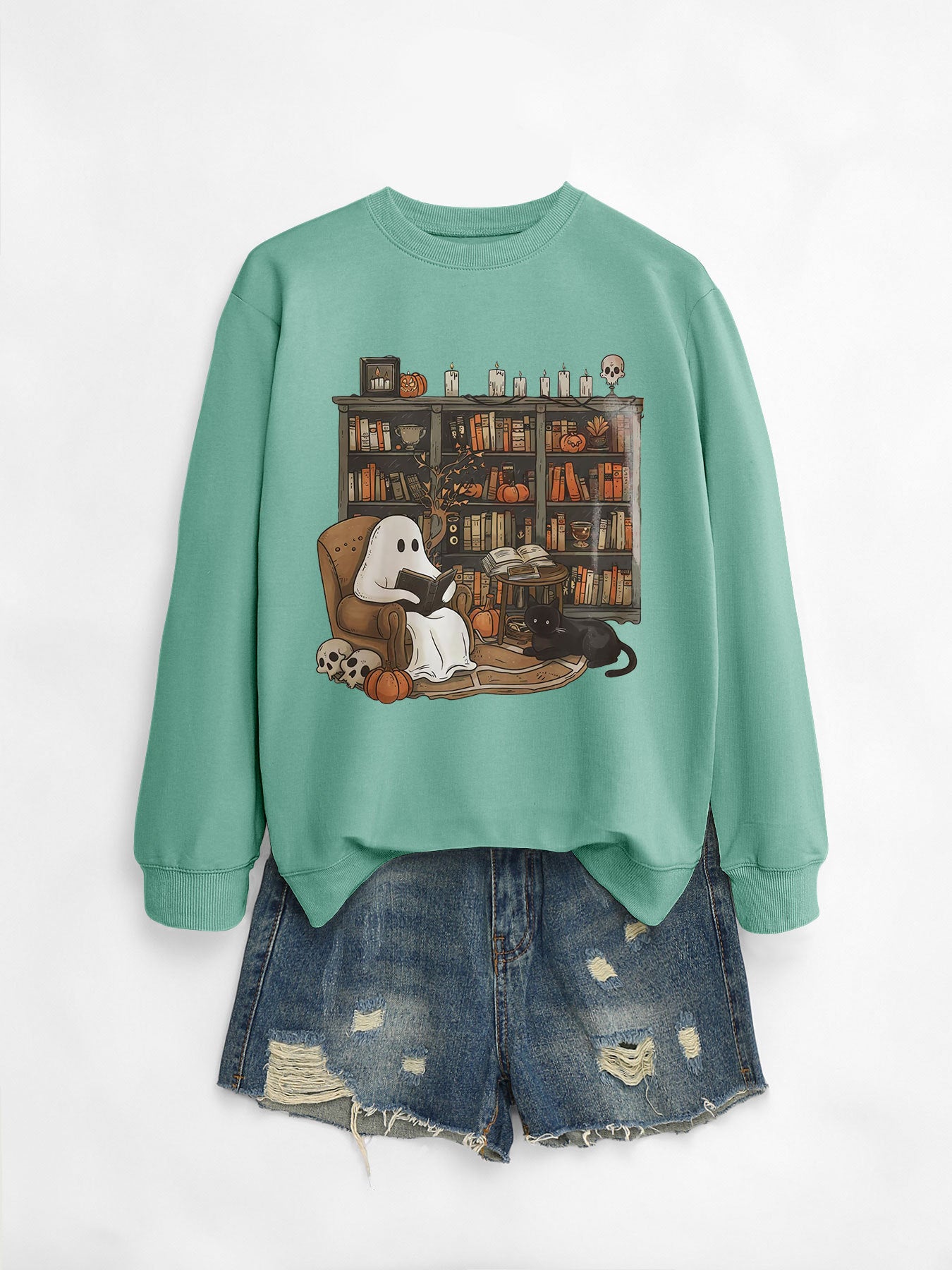 Cozy Black Cat Bookshelf Halloween Sweatshirt
