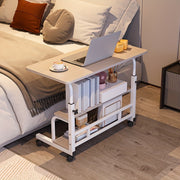 Doublelayer Metal Foldable Desk With Wheels Storage Rack Adjustable Height And Spacious Tabletop Versatile For Studying Working And Relaxing Perfect For Bedrooms Living Rooms And Offices.