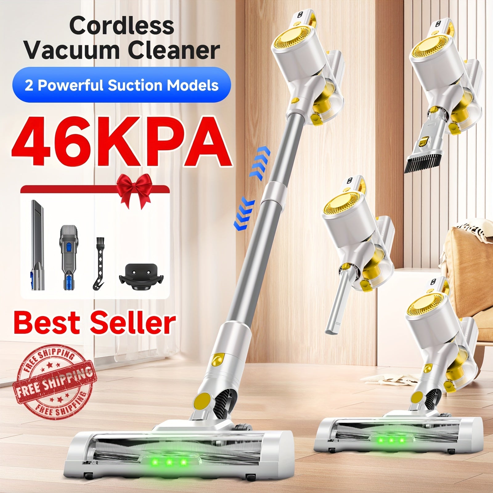 35-46 KPA Lightweight Vacuum Cleaner with Upgraded Green LED, Anti-tangle Brush, Removable Battery, Multiple Suction Levels, Up to 45 Minutes Of Battery Life, Women's Car Accessories, Vacuum...