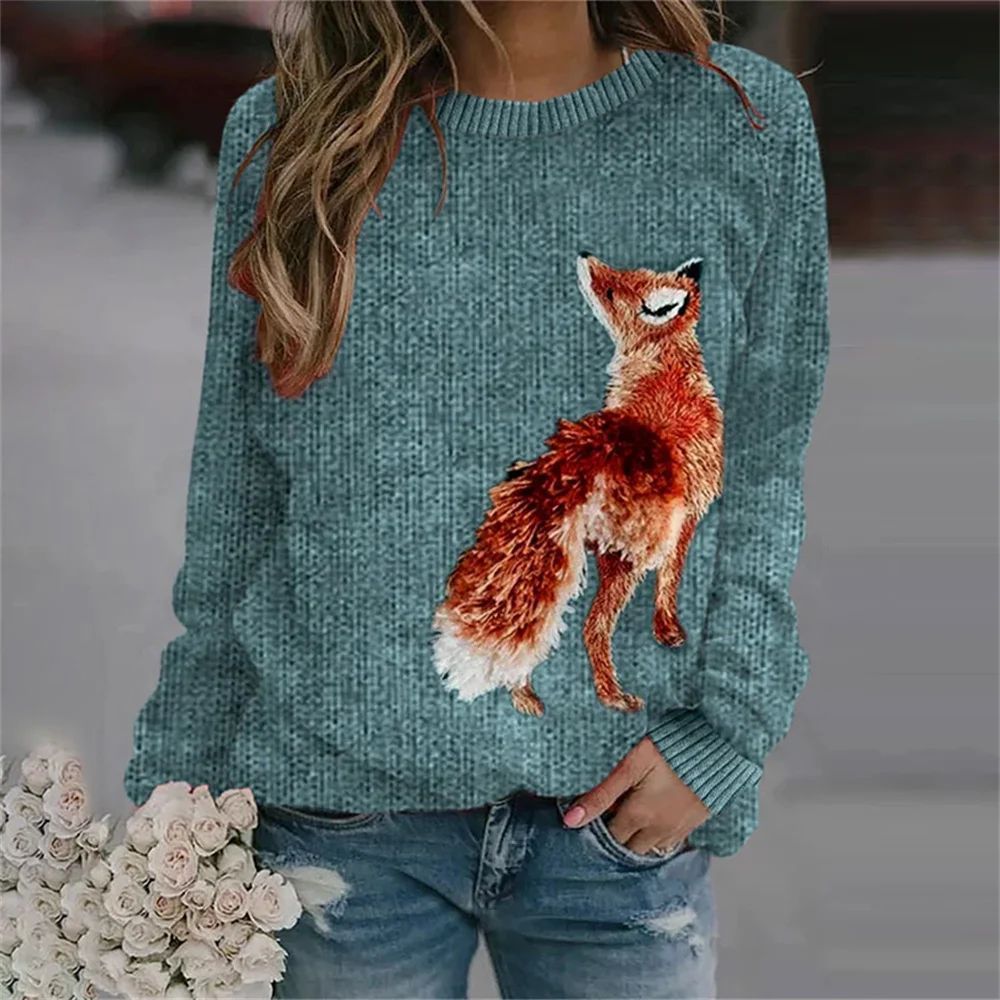 Chunky-knit Faux-sweater with Digital Print and Round Neckline