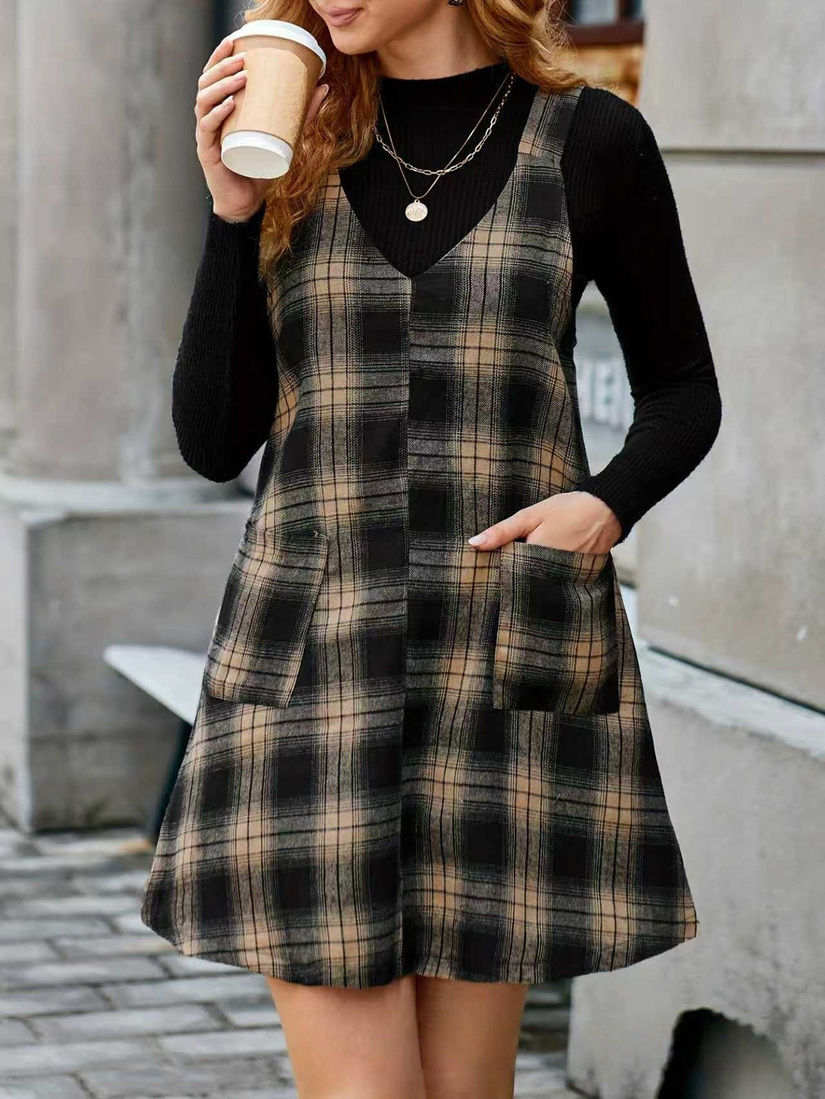 Trendy V-Neck Solid Corduroy Suspender Dress