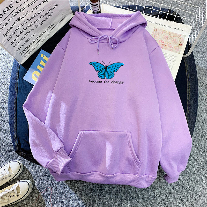Cozy Butterfly Print Loose Pullover Hoodie