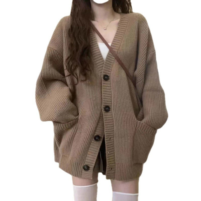 Womens Solid-color Loose-fit Korean-style Knitted Sweater