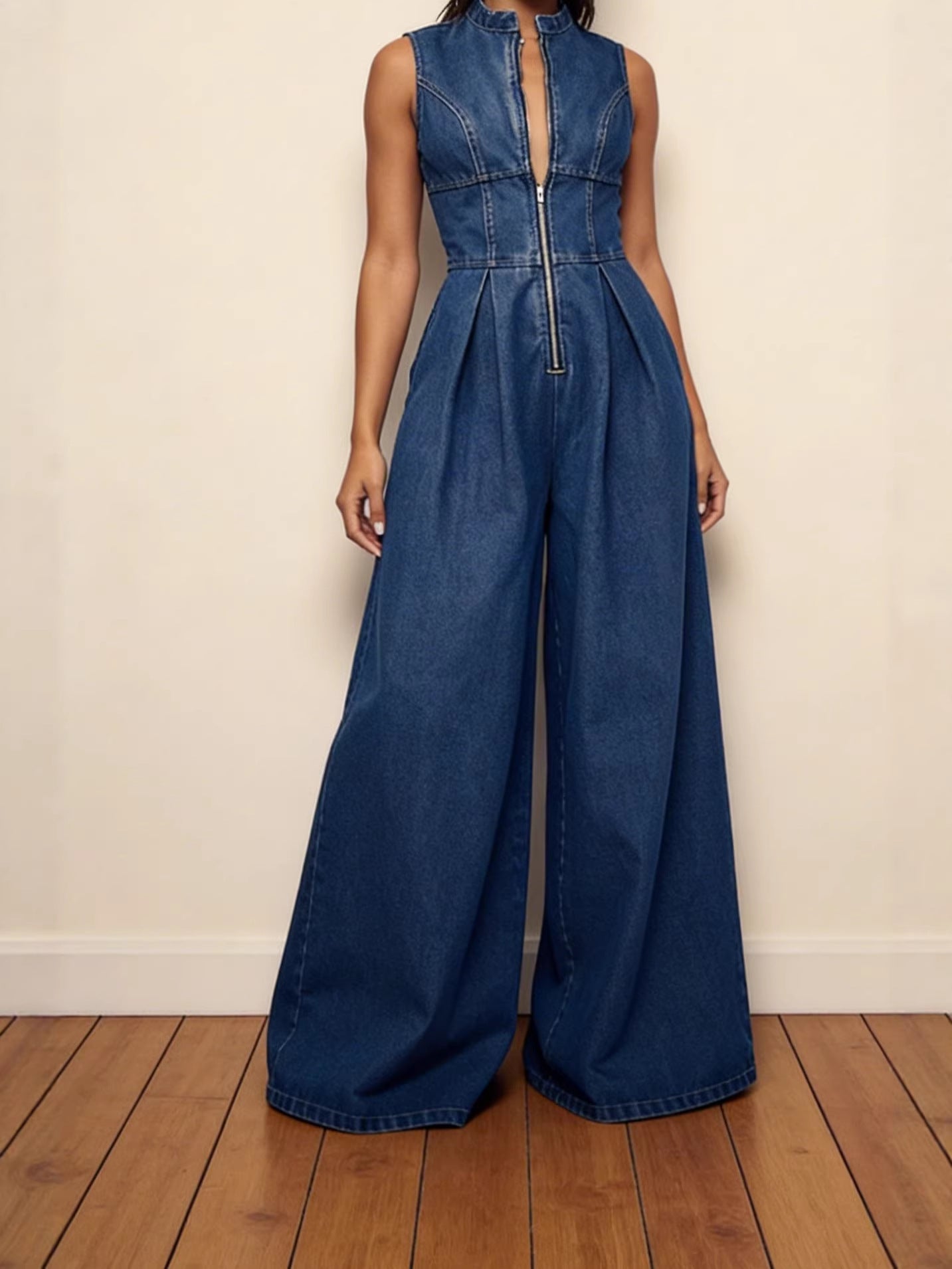 Slimming Denim Jumpsuit Sleeveless Wide-Leg Romper