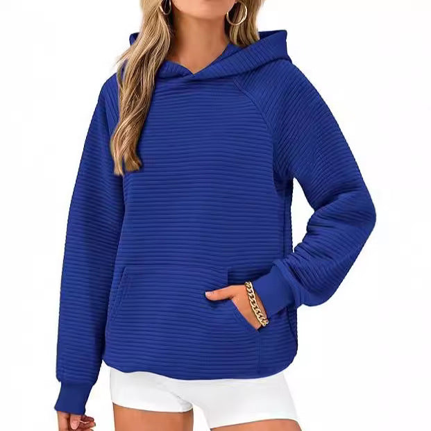 Women's Long Sleeve Hooded Plaid & Stripe Pullover Top