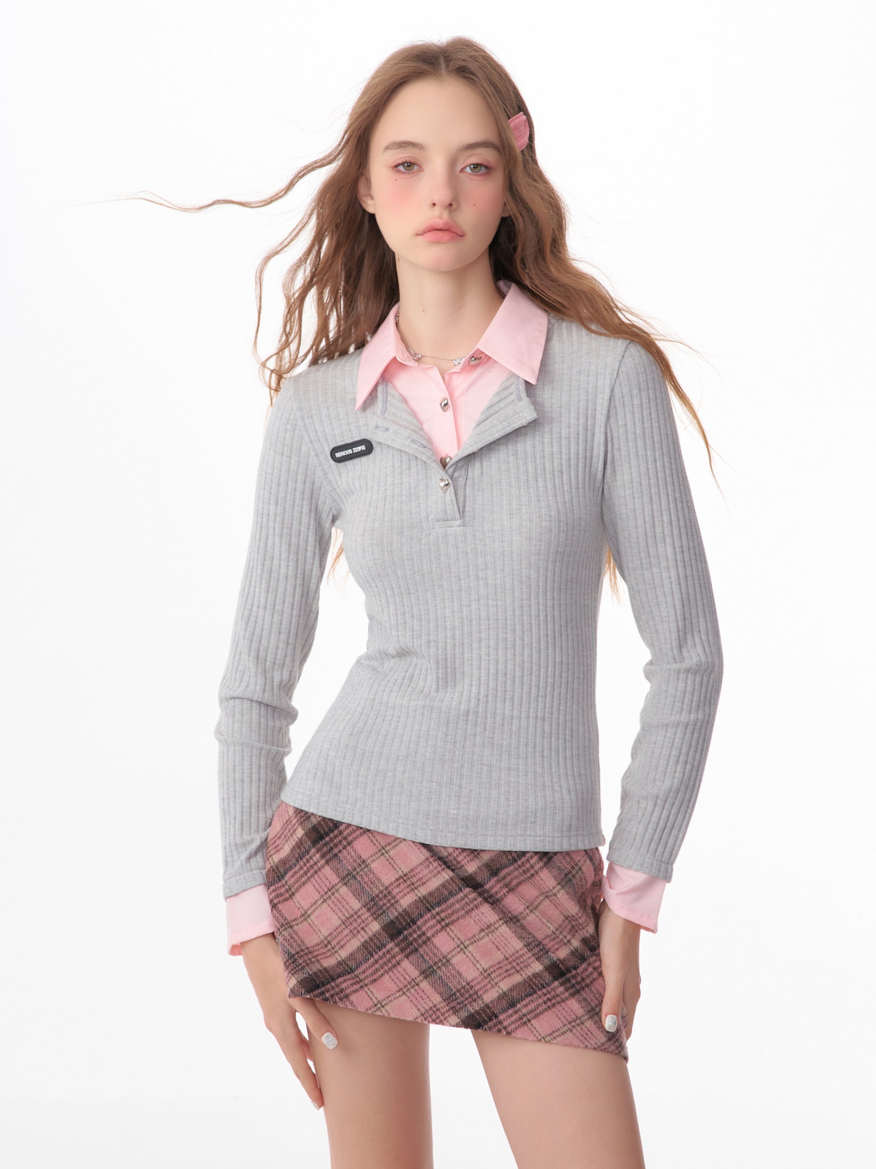 Retro Fake Two-Piece Bell Sleeve Polo Top