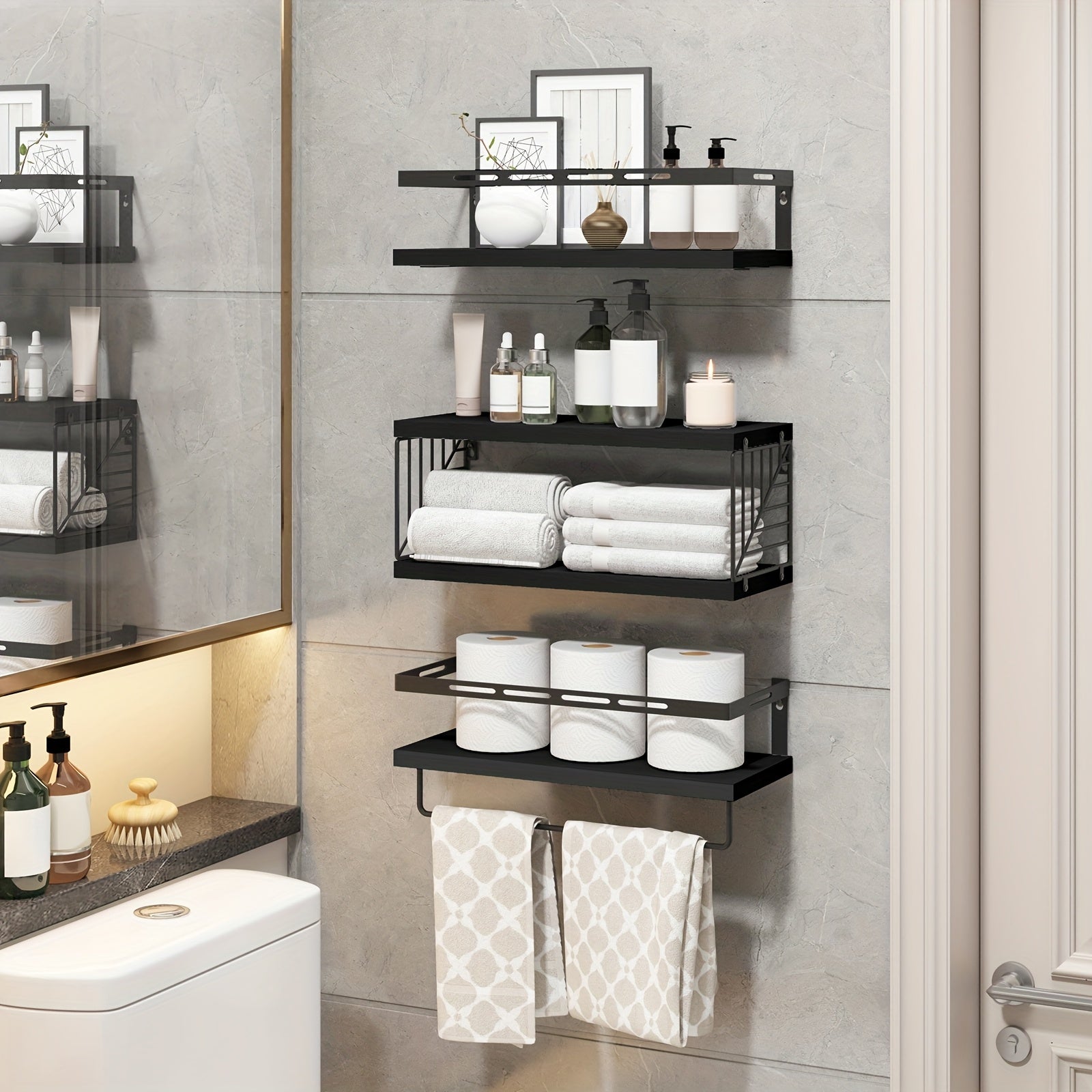 3+1 Tier Wall Mounted Bathroom Shelves Over Toilet, Farmhouse Shelf Toilet Paper Storage, Wood Floating Shelves for Room Decor, Wall Dresser, Heavy Duty Shelves, Bathroom Storage And Accessories…
