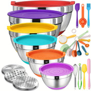 26pcs Stainless Steel Mixing Bowls with Airtight Lids Set - 6 Bowls & Lids + 20 Kitchen Tools, 3 Grater Attachments & Black Non-Slip Bottoms, Size 7, 4, 2.5, 2.0, 1.5, 1QT, Great for Mixing & Servi...