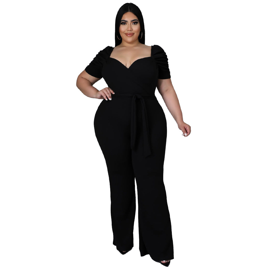 Women's Plus-Size Ruffle Sleeve High-Waist Wide-Leg Jumpsuit