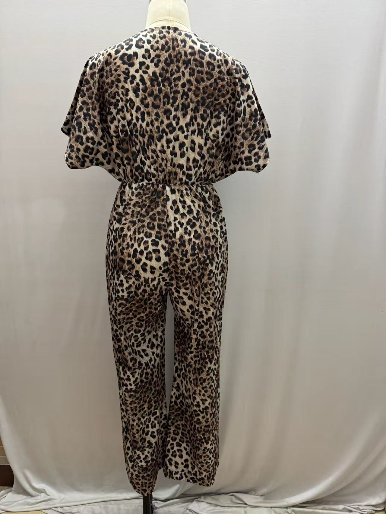 Leopard Print V-Neck Flounce Sleeve Wide-Leg Jumpsuit