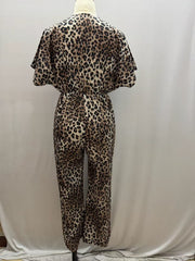 Leopard Print V-Neck Flounce Sleeve Wide-Leg Jumpsuit