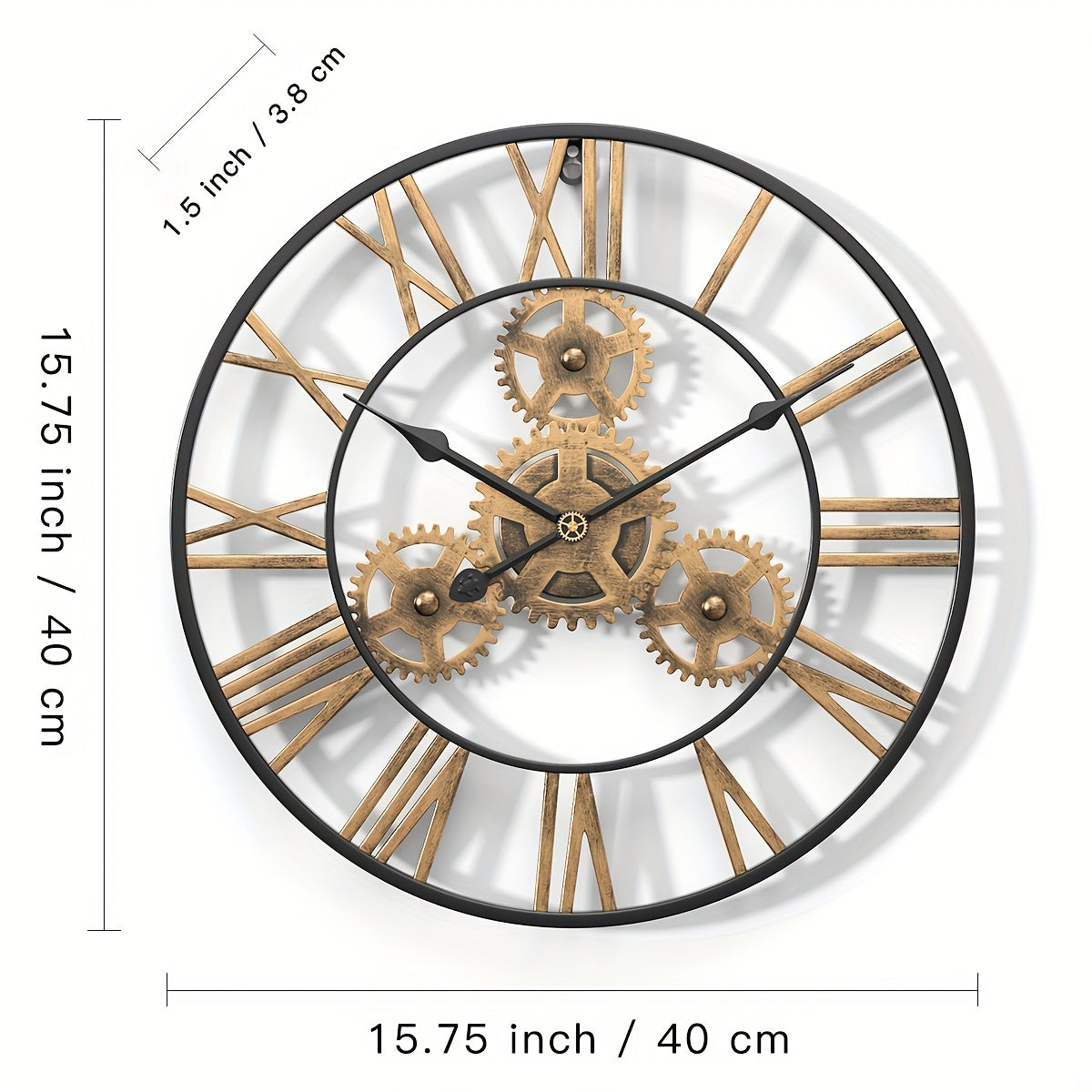 Vintage European Metal Gear Wall Clock - Silent Roman Numeral Dial, Battery Operated (AA Not Included) for Living Room or Office Decor, Living Room Accessory | Roman Numeral Clock | Metallic Finish