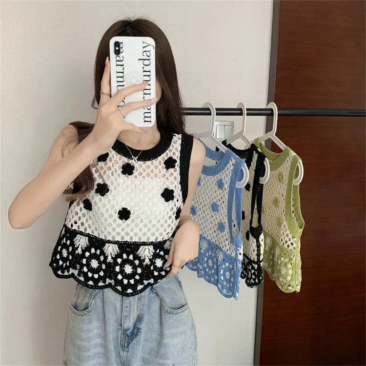 Crochet Hollow‑Out Polka Dot Short Vest – Lightweight Strapless Top