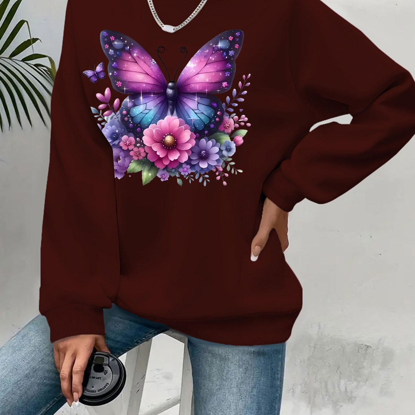 Plus Size Soft Purple‑Blue Butterfly Floral Print Long Sleeve Round Neck Sweatshirt