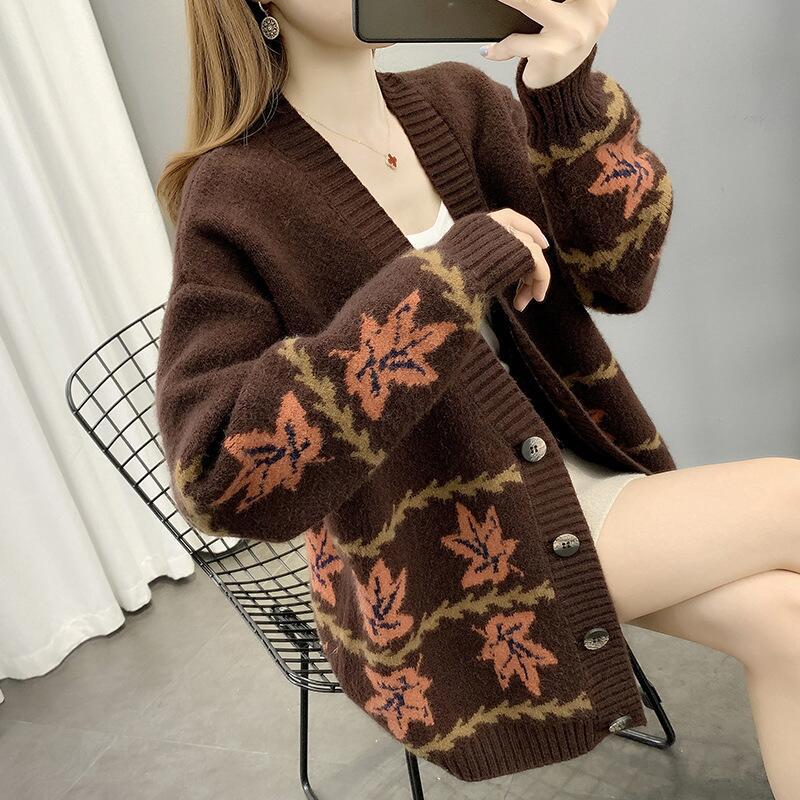 Cozy Maple Leaf Jacquard Oversized Cardigan Sweater