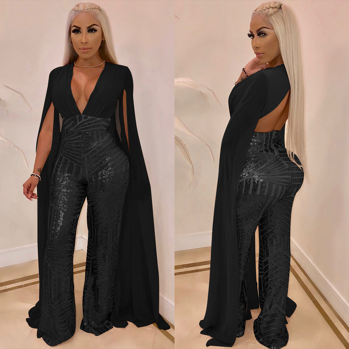 Sexy Sequined Evening Party Romper & Wide-Leg Pants Suit
