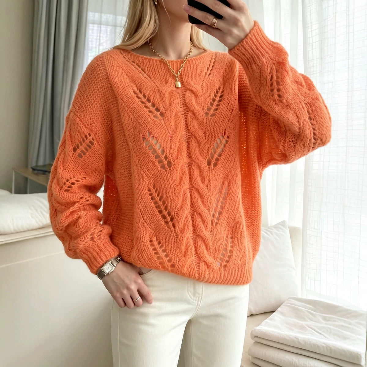 Autumnwinter Lazy-style Knit Sweater with Hollow-out Cable-knit Top