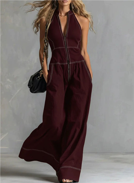 European And American Style Summer Fashion Elegant Front-Zip Sleeveless Wide-Leg Jumpsuit