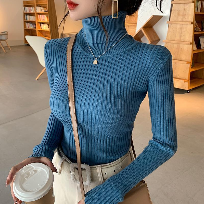 Womens Thick Solid-colored Slim-fit Warm Turtleneck Base Sweater