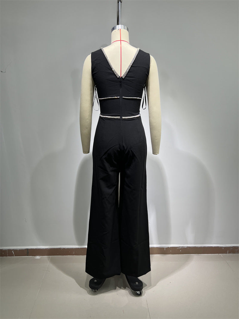 Rhinestone Edge-covered Sexy Low-cut Suit Jumpsuit