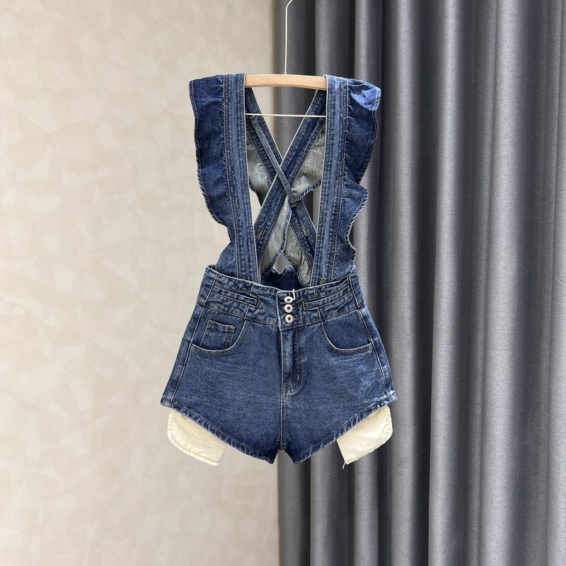 Women's Blue Denim Suspender Shorts Casual Romper