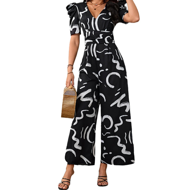 Chic V-Neck Cinched-Waist Wide-Leg Jumpsuit with Pockets