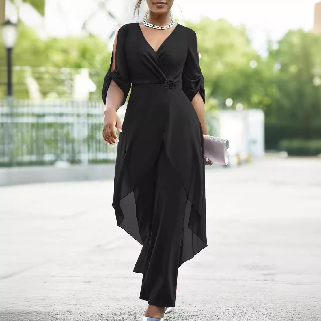 Elegant V-Neck Solid Color Slim One-Piece Jumpsuit