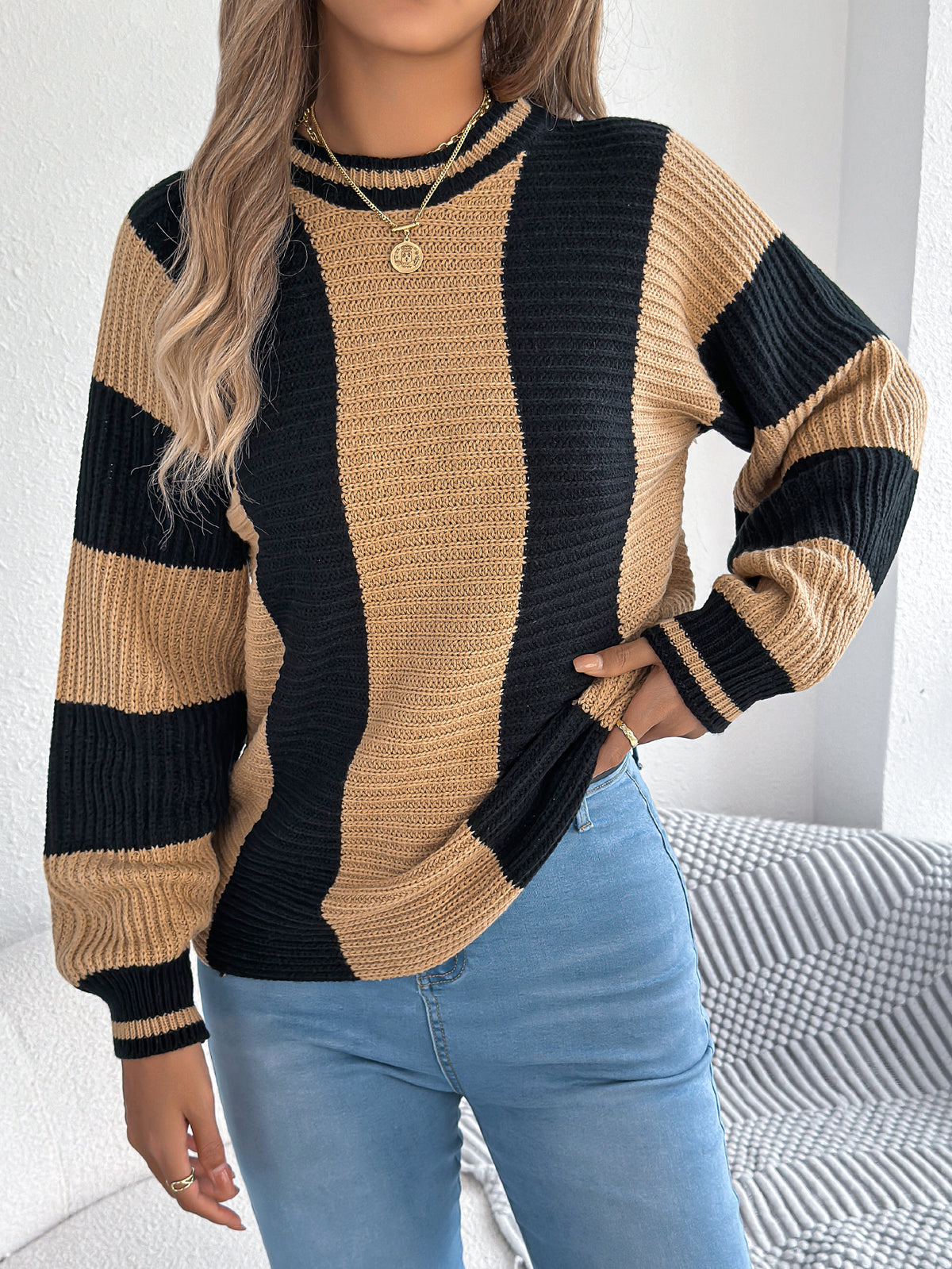 Women Casual Color Block Stripe Lantern Sleeve Pullover Sweater