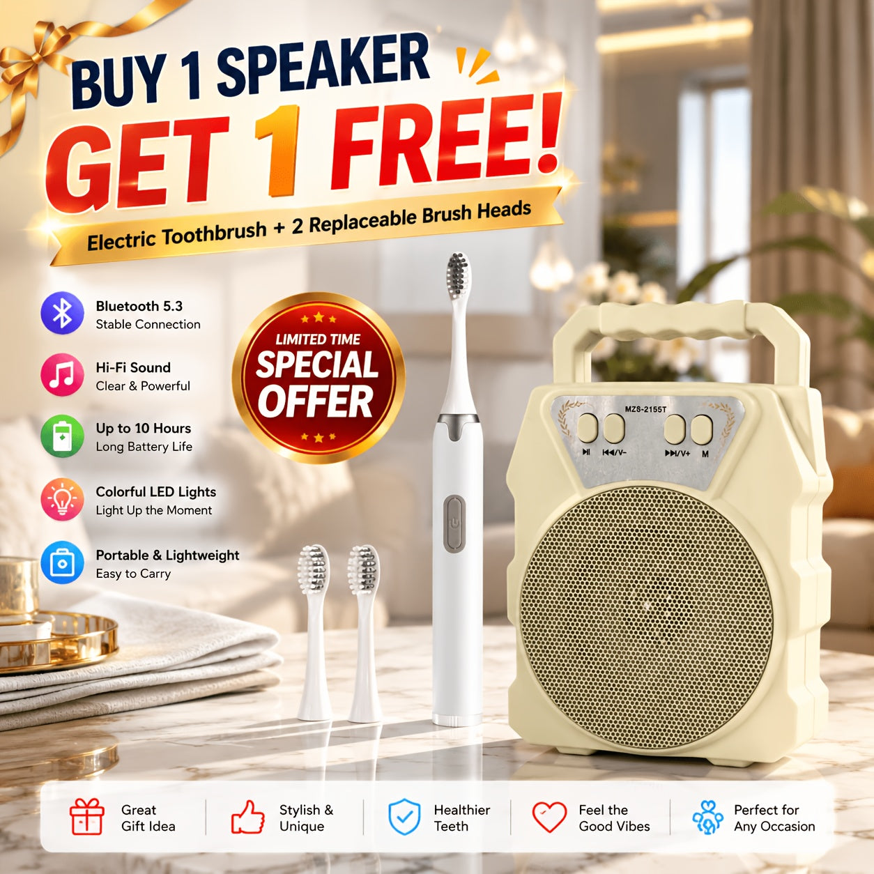 Portable Bluetooth Speaker with Electric Toothbrush and Replacement Head