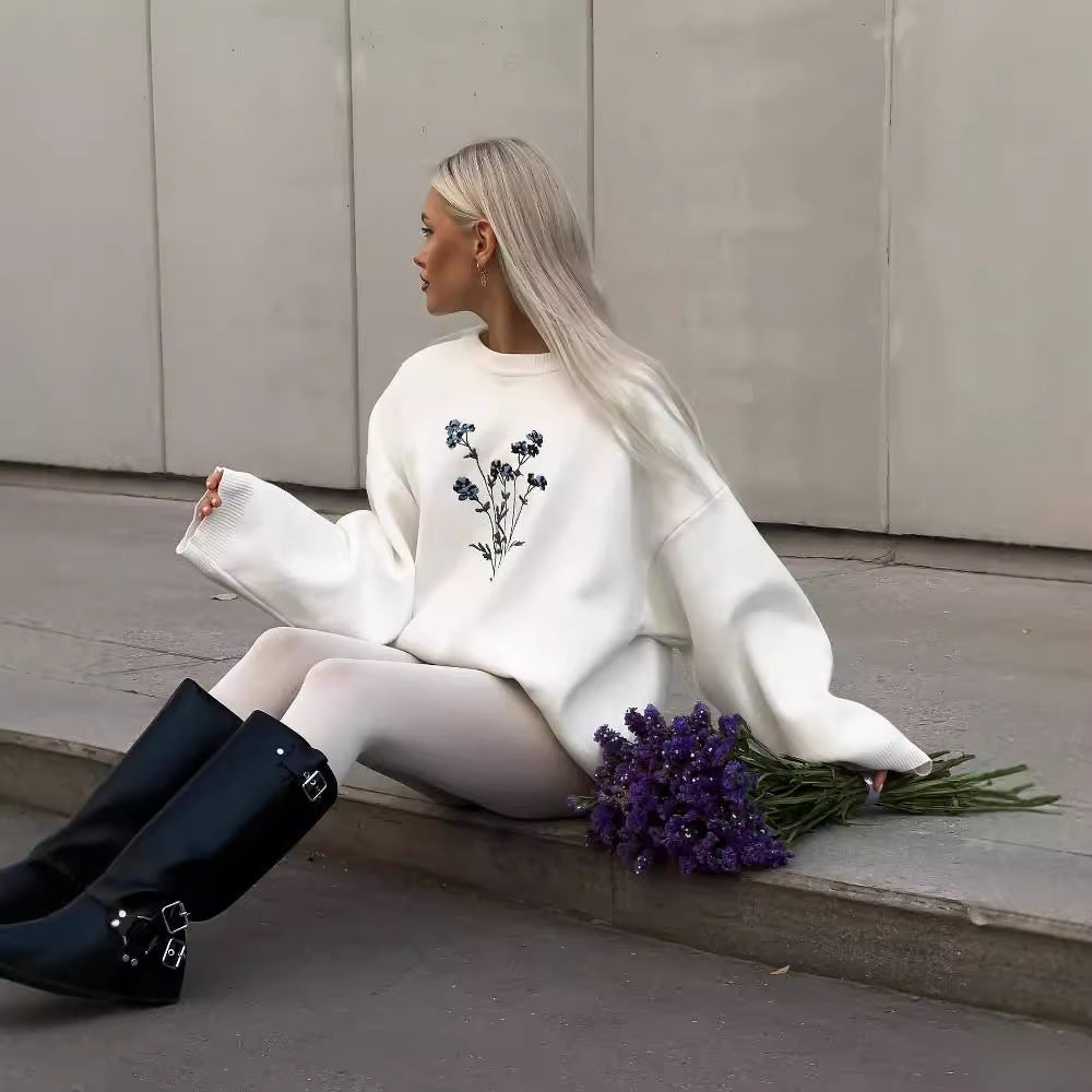 Floral Embroidered Crew Neck Sweater