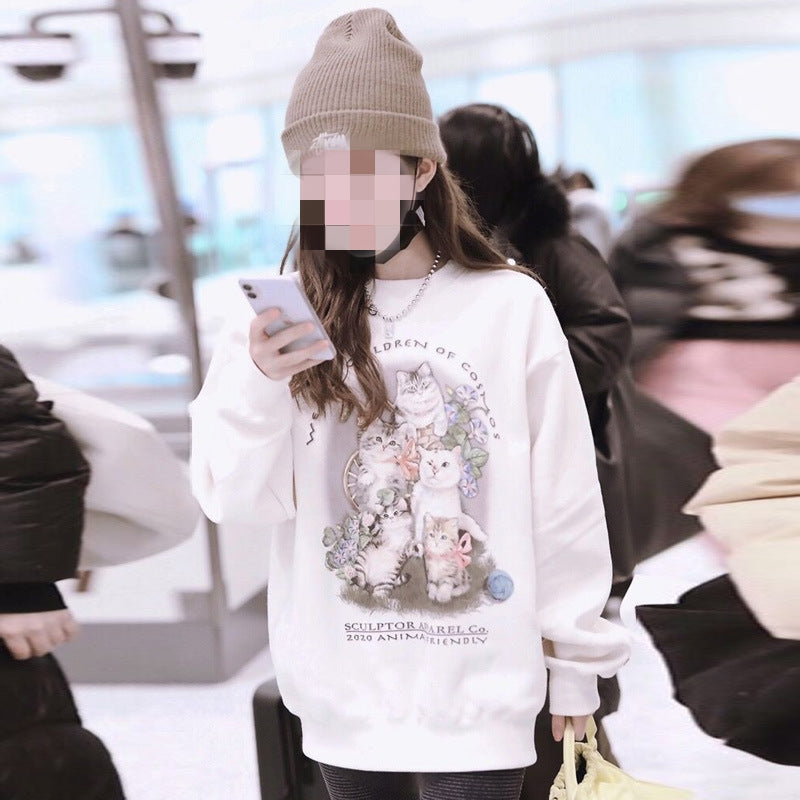 Cute Cartoon Round Neck Loose Mid-Length Cotton Sweater