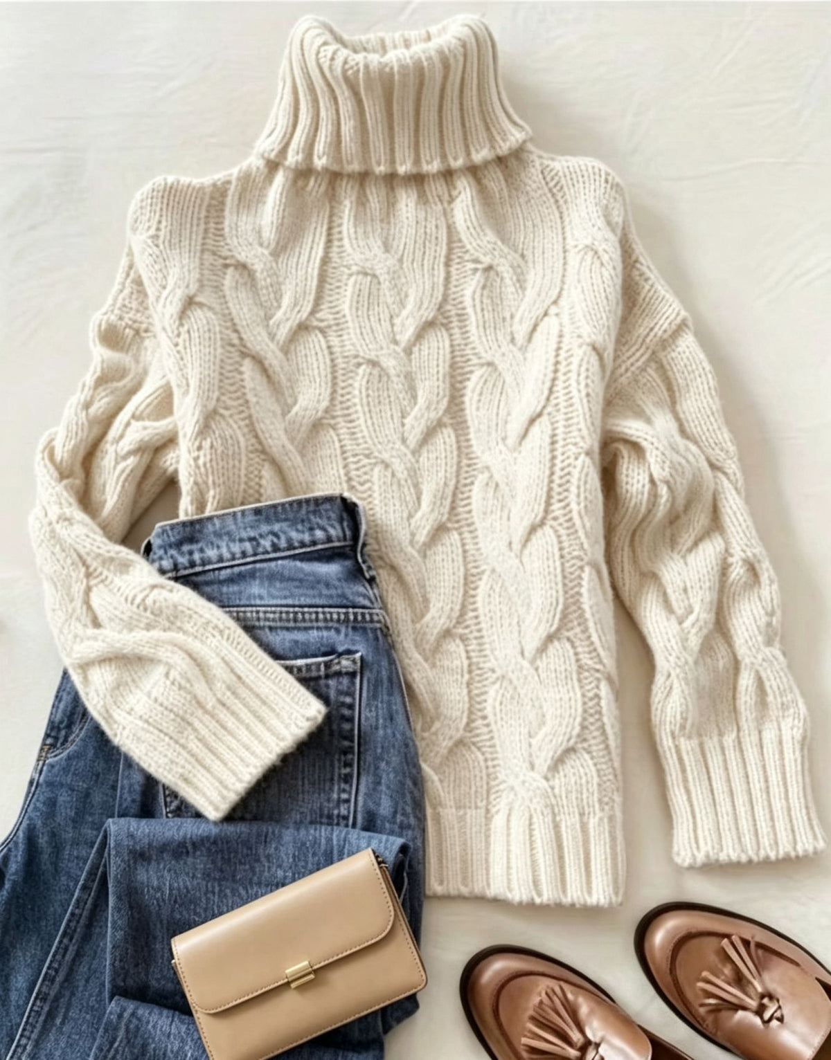 Comfortable Turtleneck Long-sleeve Sweater with a Cable-knit Pattern