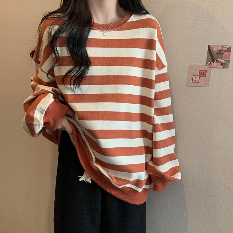 Retro Striped Crew Neck Casual Sweatshirt for Women