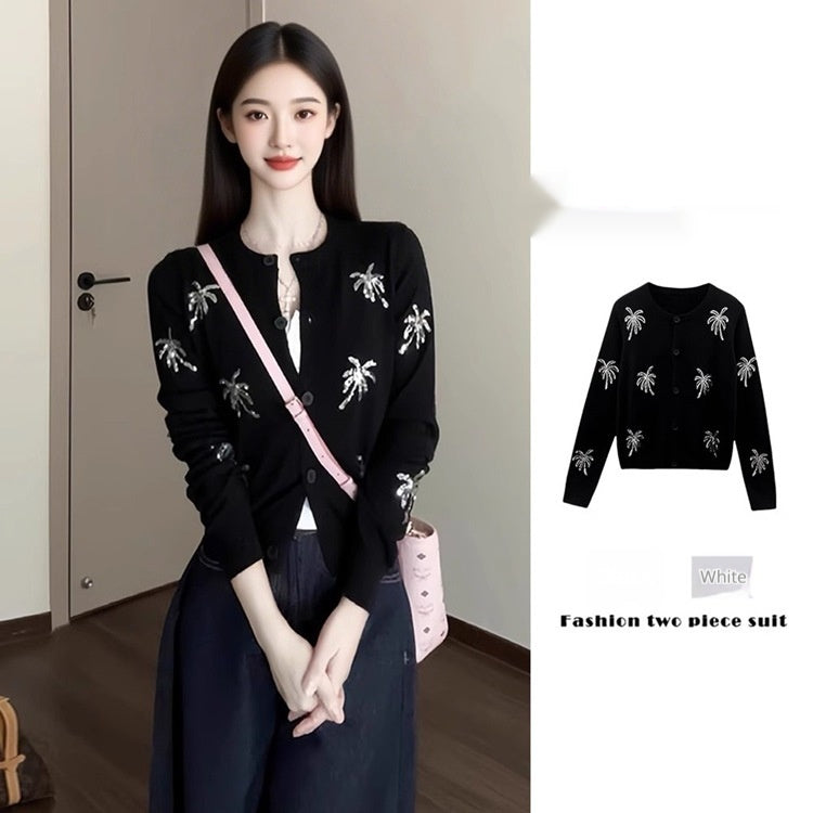 Sequin-embroidered Knitted Cardigan for Women