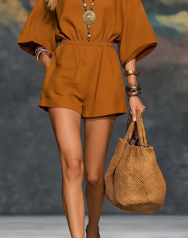 Bohemian Square Neck Elastic Waist Romper with Pockets