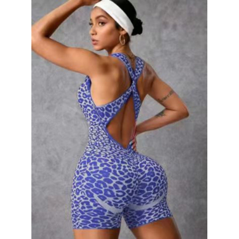 Cross-pattern Leopard-print Hollowed-out One-piece Fitness Jogger Yoga Outfit