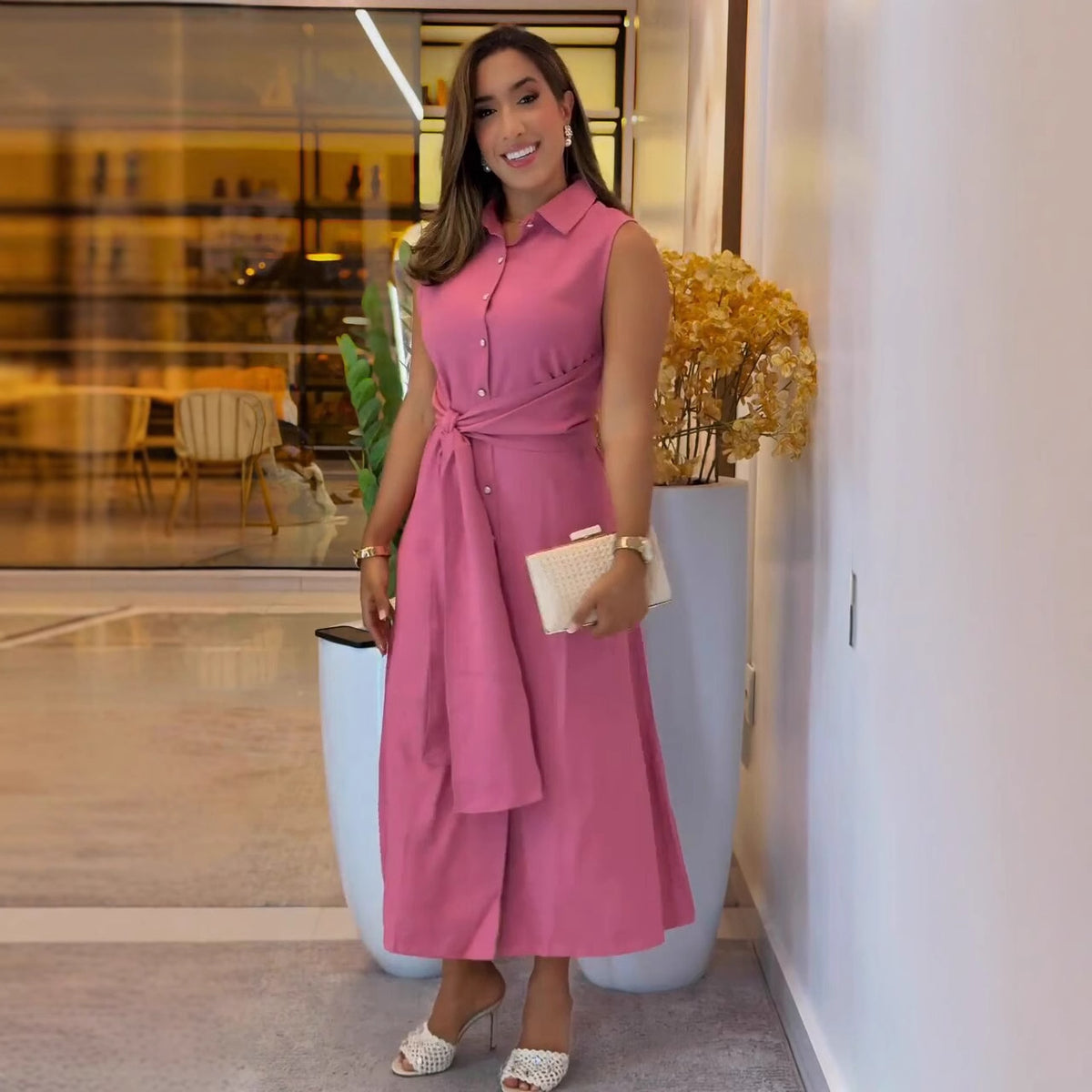 Fashionable Sleeveless Waist-cinching Shirt Dress for Women