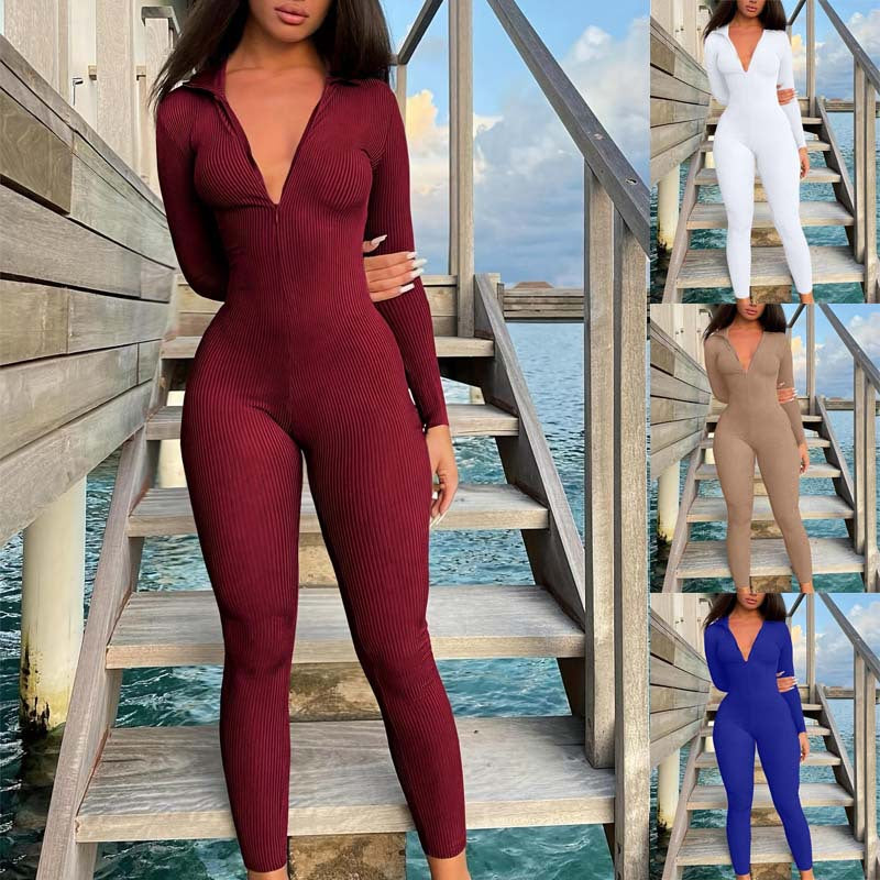 Casual Ribbed Long-Sleeve Zip-Up Jumpsuit
