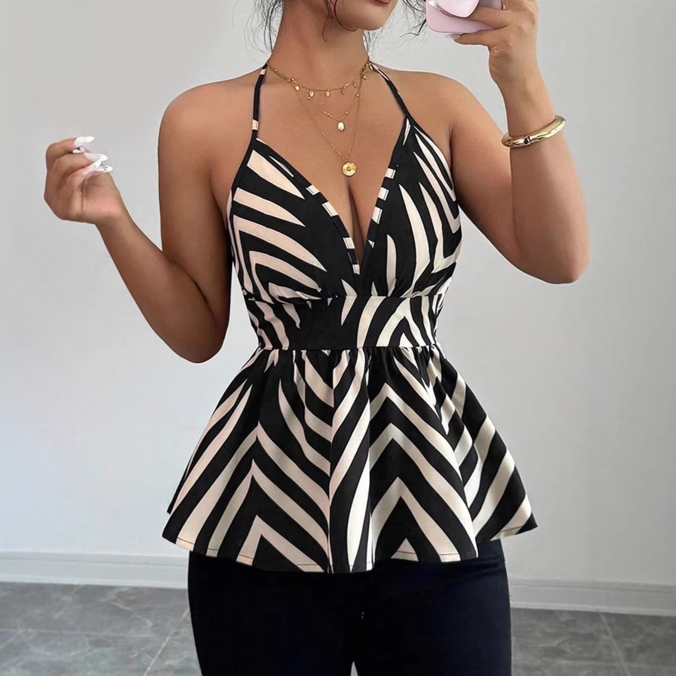 Striped Halter-Backless Top – Summer A‑Line V‑Neck