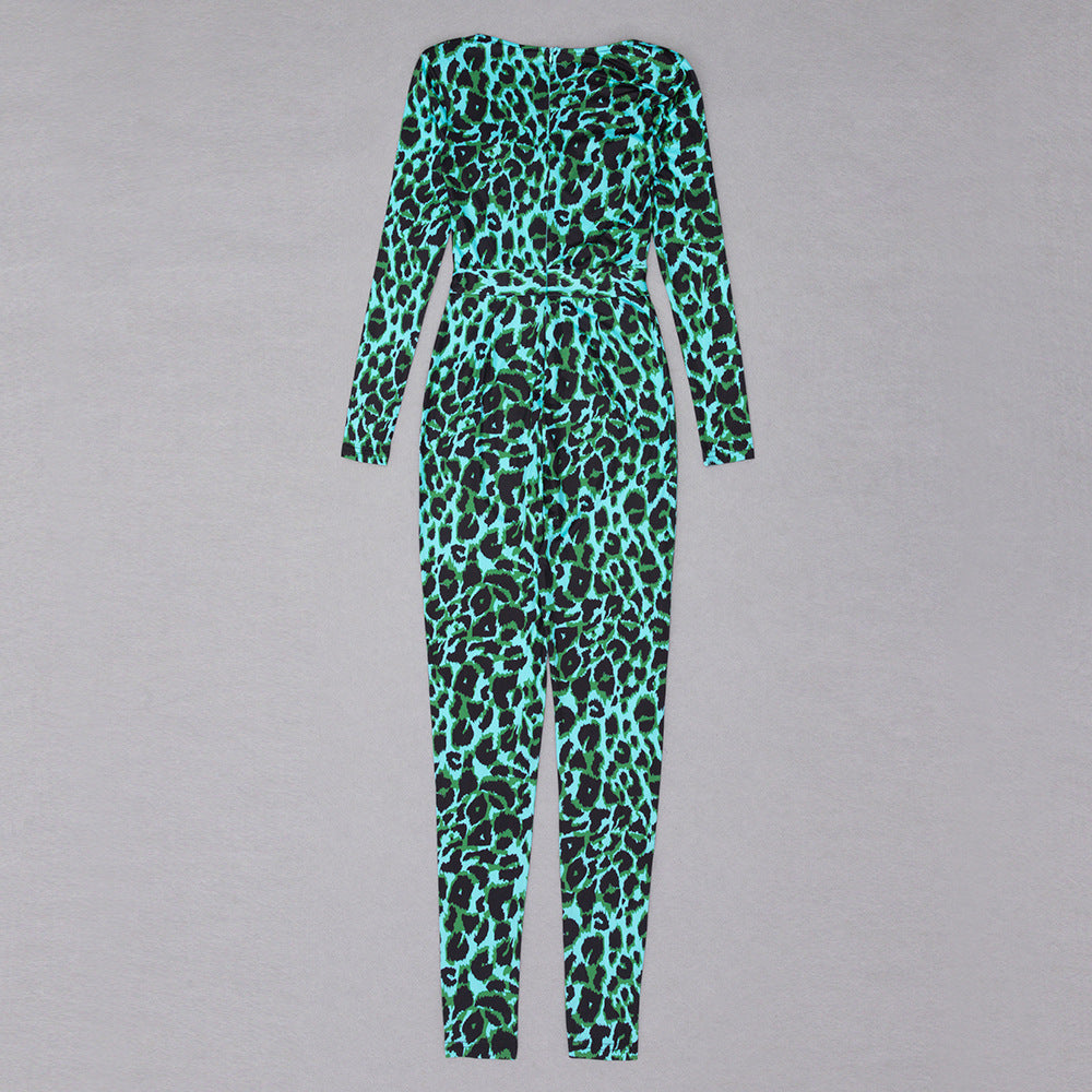 Woman Square-neck Fashion Leopard Print Jumpsuit