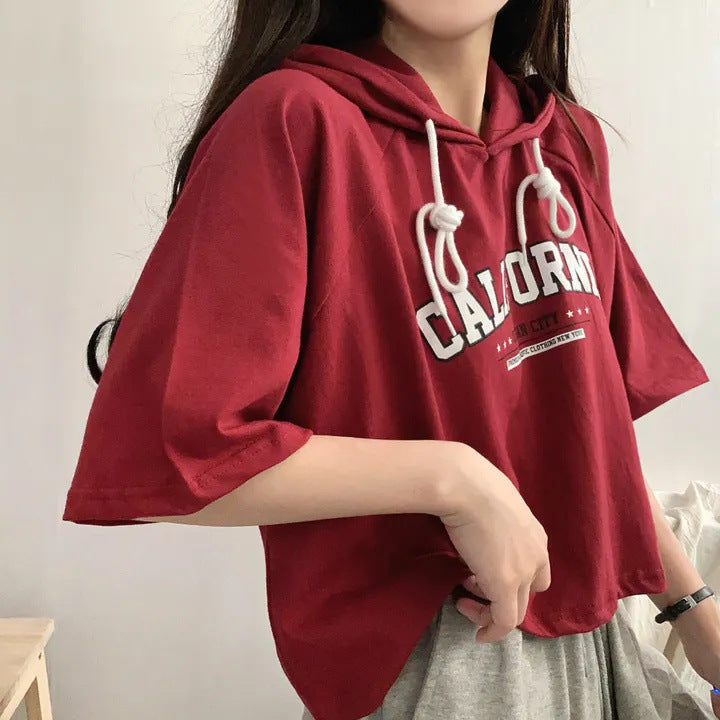 Casual Letter Print Short Sleeve Hooded Tee